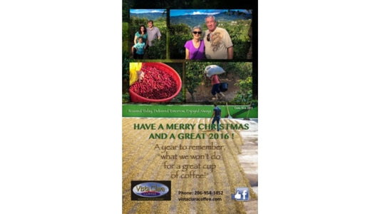 Green and brown lettering on a card with yellow and red and green background with several people smiling.