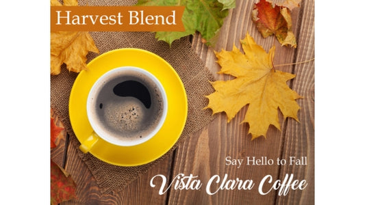 Coffee cup on yellow plate with leaves on a brown background and white lettering. 