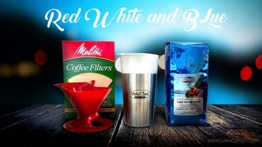 White logo overhead with blue background. Red, green, and blue coffee bag with sliver cup in the middle.