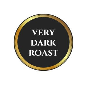 Circular label with a black background and gold border displaying the words 'Very Dark Roast' in bold white text.